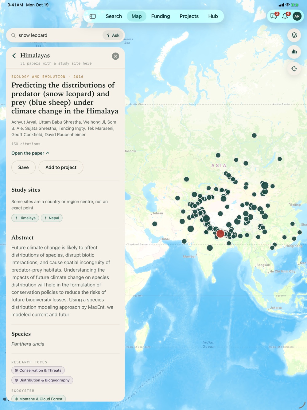 The COMPASS ID app on iPad: a map of snow leopard study sites across Asia, with a panel showing a place in the Himalayas and one of its 31 papers, with Save and Add to project.
