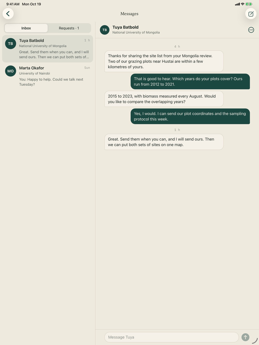 The COMPASS ID app on iPad: the list of conversations, with Inbox and Requests, beside an open conversation.