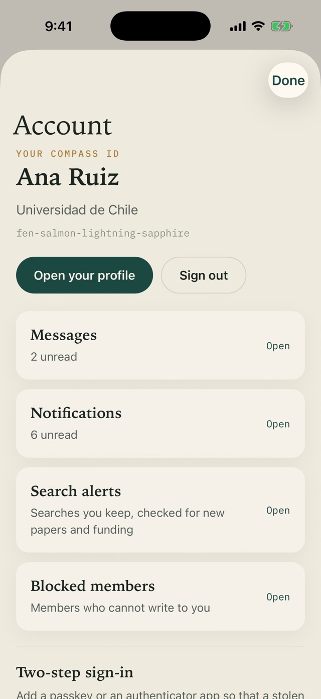 The COMPASS ID app on iPhone: the account screen with links to messages, notifications, search alerts and blocked members.