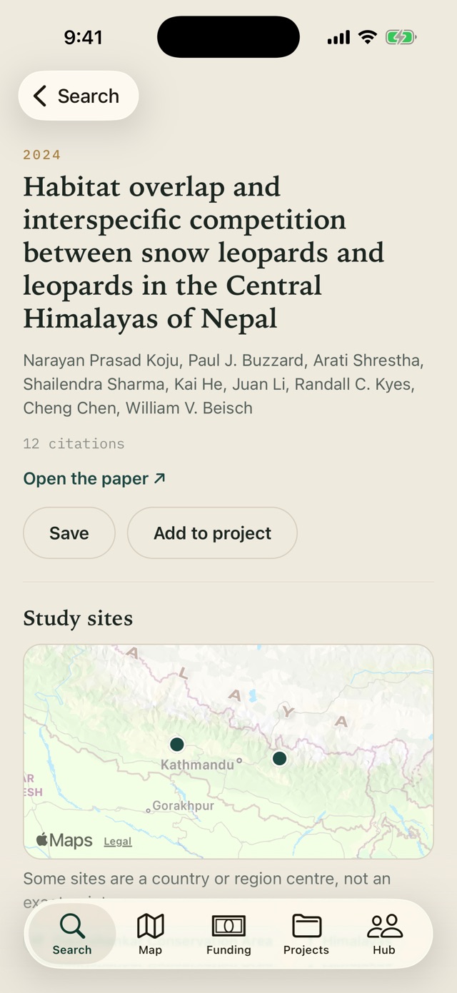 The COMPASS ID app on iPhone: a paper on snow leopards and leopards in Nepal, with Save, Add to project and a map of its study sites.